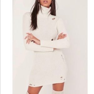 cream distressed roll neck sweater dress